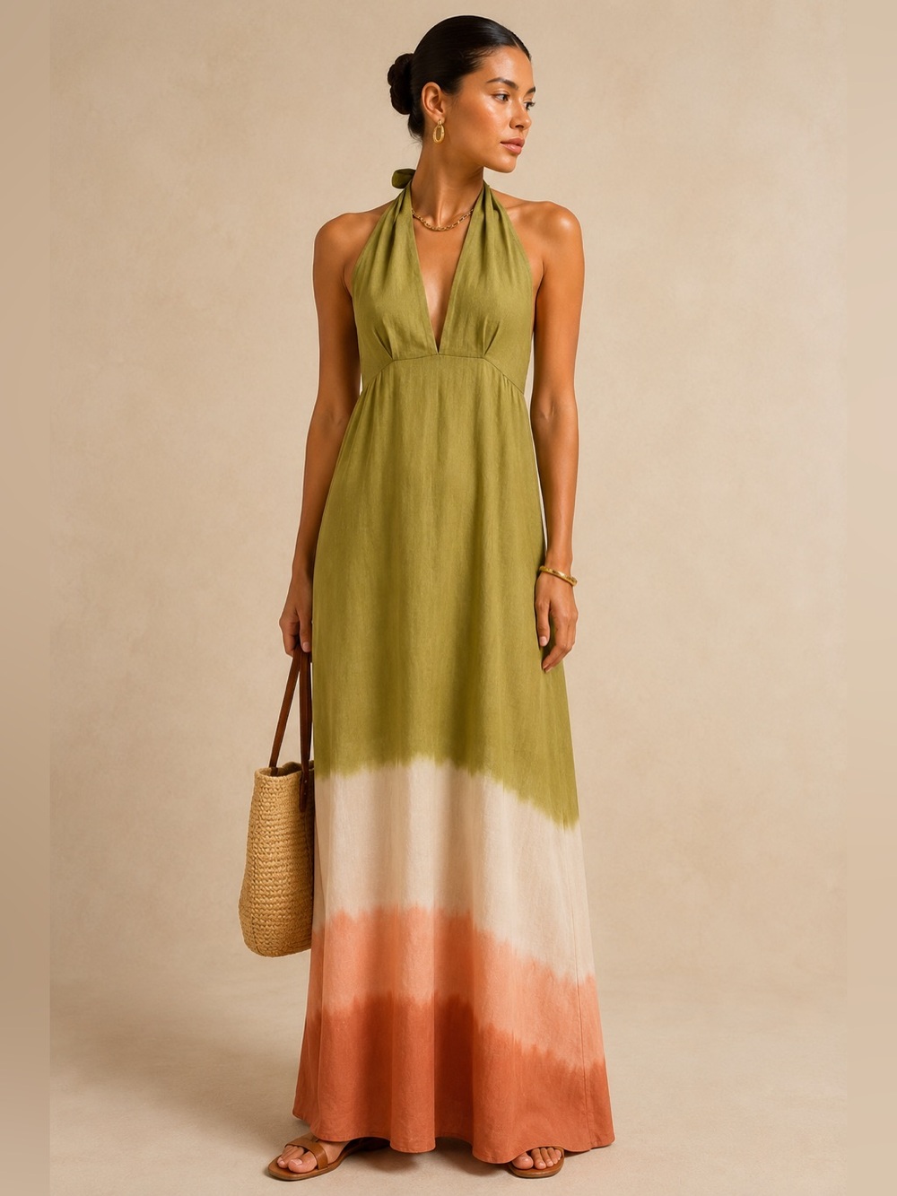 Massimo Dutti Ombre Halter Maxi Dress Linen Open Back Sz 4